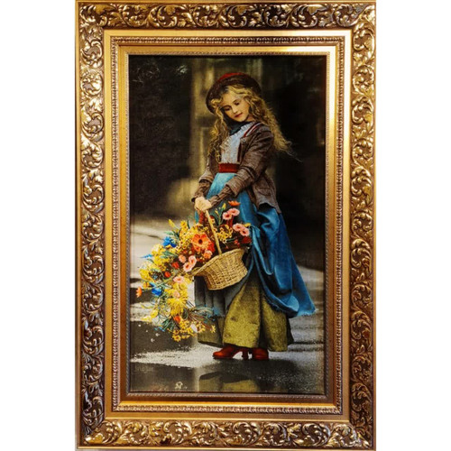 تابلو فرش دستباف تبریزچله ابریشم و پنجاه رج طرح دختر گل فروش