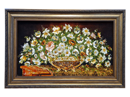 تابلو فرش دستبافت بافت تبریز طرح گل عرضی گل گلدانی اشرافی