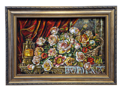 تابلو فرش دستبافت بافت تبریز طرح گل عرضی روی سنگ