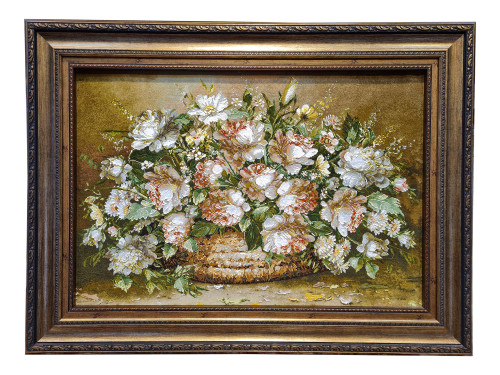 تابلو فرش دستبافت بافت تبریز طرح گل عرضی سبد حصیری