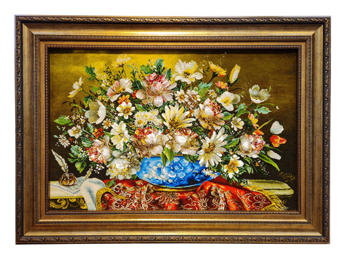 تابلوفرش دستبافت بافت تبریز طرح گل عرضی گلدان آبی مارک اسماعیل نژاد