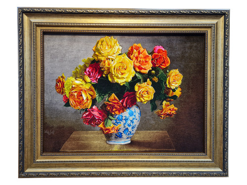 تابلوفرش دستبافت بافت تبریز طرح گل گلدان طرح دار ، گل رز طبیعی مارک اصل عاقلی