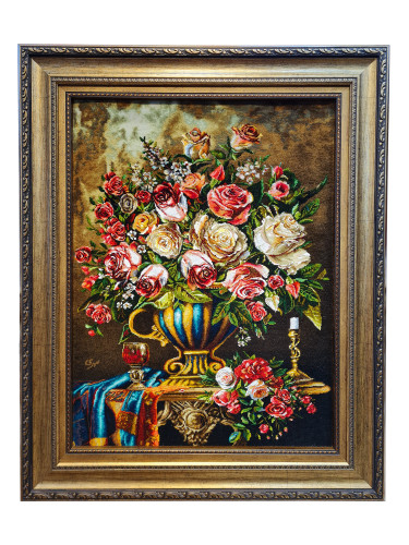 تابلوفرش دستبافت بافت تبریز طرح گل طولی گلدان کنار گیلاس شراب مارک مهری