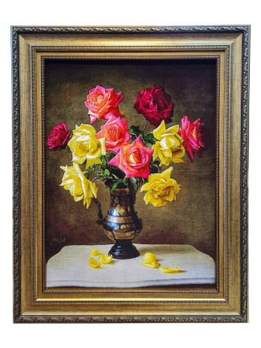 تابلوفرش دستبافت بافت تبریز طرح گل طولی رز طبیعی مارک اصل عاقلی