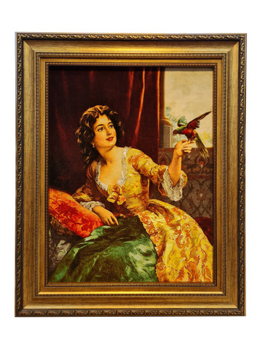 تابلوفرش دستبافت بافت تبریز طرح چهره دختر شرقی پرندهباز مارک اصل عاقلی