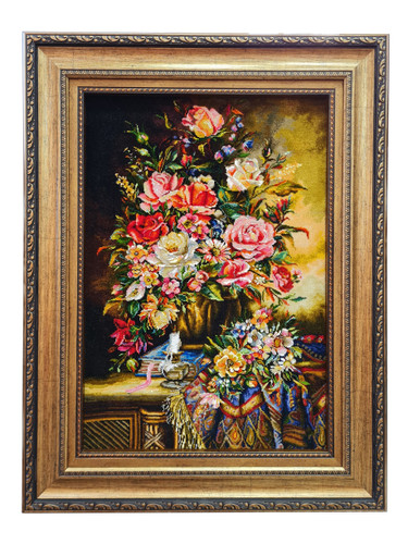 تابلوفرش دستبافت بافت تبریز طرح گل طولی رومیزی و کتاب دار