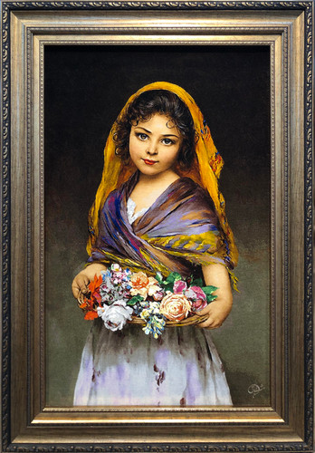 تابلو فرش دستباف بافت تبریز طرح چهره دختر گل فروش مارک مشتاق