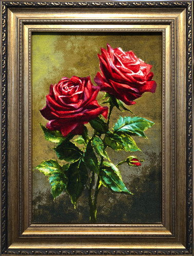 تابلو فرش دستبافت بافت تبریز طرح گل رز قرمز 2 شاخه