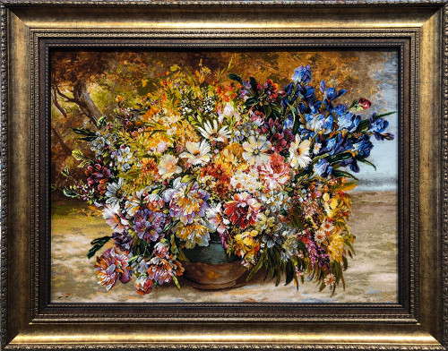 تابلوفرش دستبافت بافت تبریز طرح گل عرضی شاخه ای مارک کریمی نیا