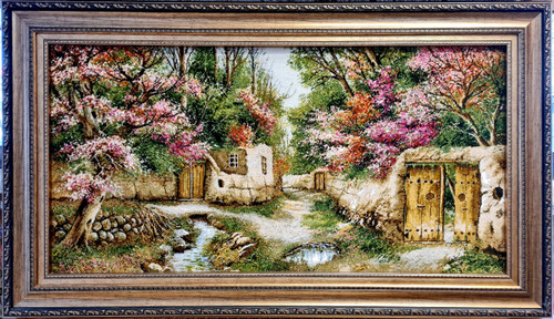 تابلو فرش دستبافت بافت تبریز طرح ممنظره کوچه باغ بهار