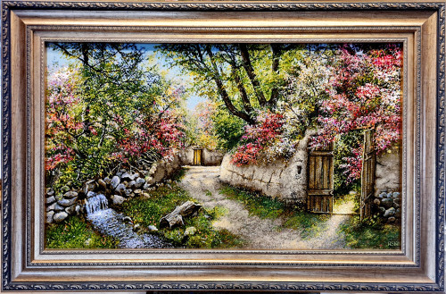 تابلوفرش دستبافت بافت تبریز طرح منظره کوچه باغ بهار مارک ASIANI