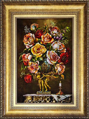 تابلوفرش دستبافت بافت تبریز طرح گل طولی گلدان تندیس مارک اسحاقی کد 6992