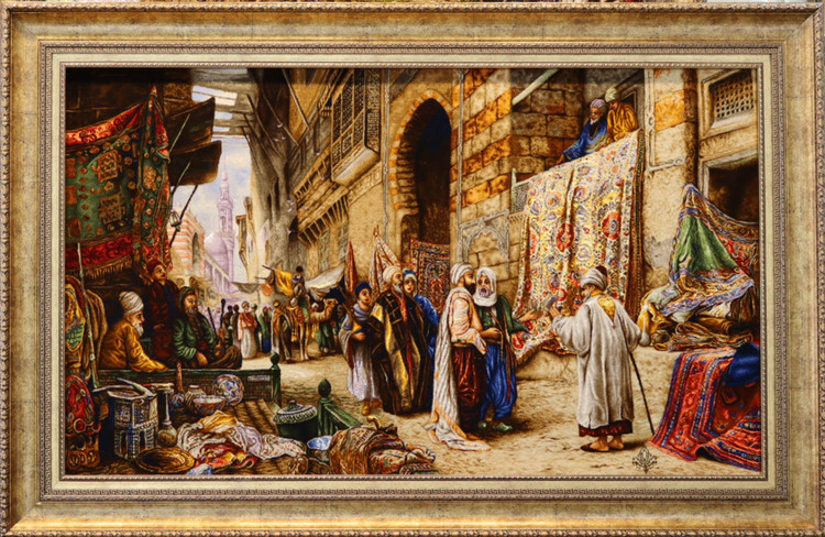 تابلوی دستباف بافت تبریزی طرح بازار قاهره عرضی مارکدار کد 7055