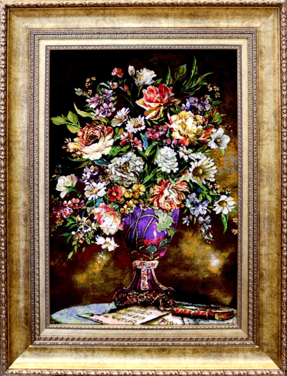 تابلو فرش دستباف بافت تبریز طرح گل با گلدان بنفش کد 7048