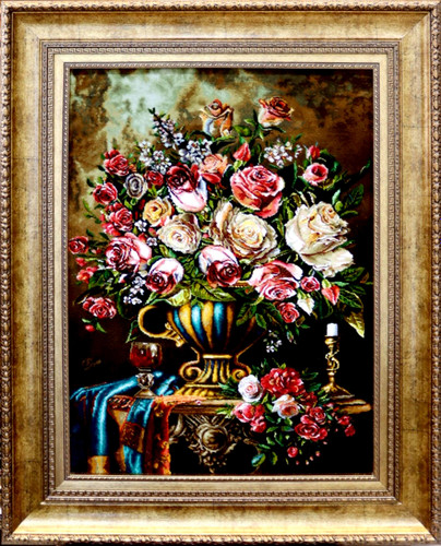 تابلوفرش دستباف بافت تبریز طرح گل طولی شراب دار مارک مهری