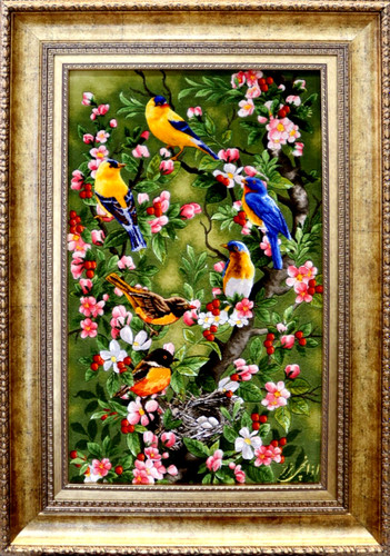 تابلوفرش دستباف بافت تبریز طرح منظره طولی پرنده لانهدار اذانچی تبریز