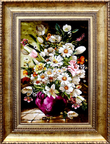 تابلوفرش دستباف بافت تبریز طرح گل طولی زمینه اجری گلدان بنفش