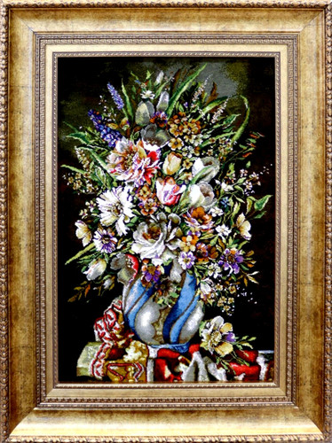 تابلوفرش دستباف بافت تبریز طرح گل طولیگلدان پیچ صدفی